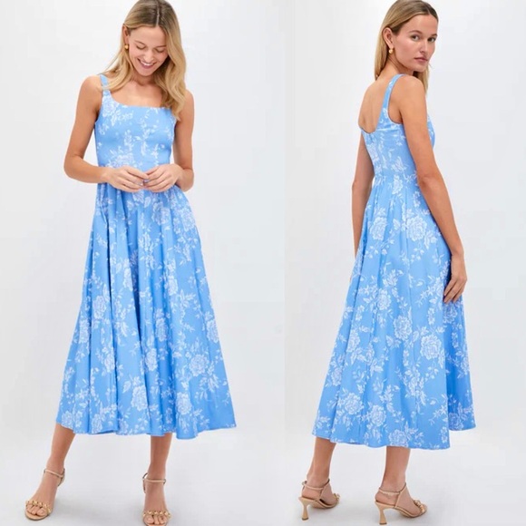 🌺🎉HP🎉🌺 NWT Staud Wells Midi Dress Blue Rose 🌟VERY RARE🌟 - Picture 5 of 16